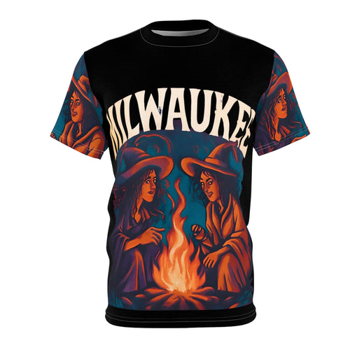 Milwaukee Witchy Vibes Unisex Tee featuring two witches by a campfire in a vintage Halloween graphic design