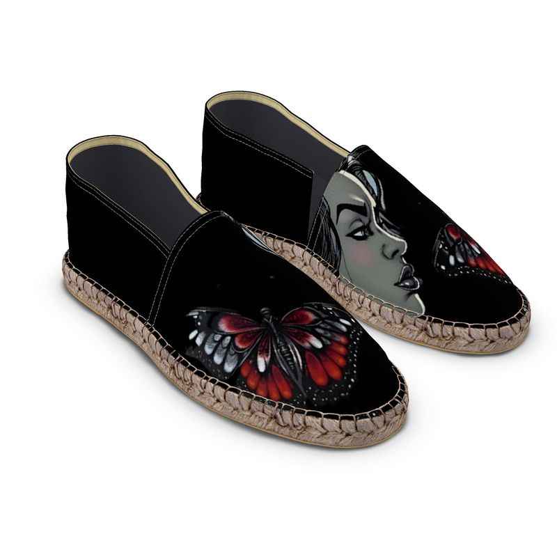 Black espadrilles with butterfly caricature print, jute insole and rubber sole — additional view 18