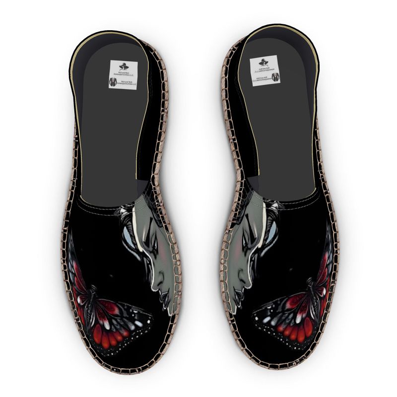 R&RH Women's Black Caricatures Espadrilles with artistic print on a white background