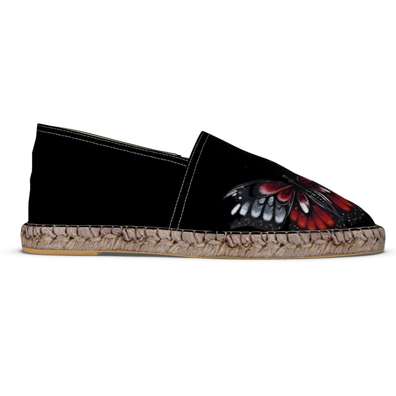 R&RH Women's Black Caricatures Espadrilles with artistic print on a white background