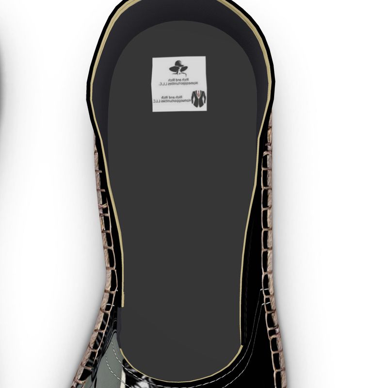 R&RH Women's Black Caricatures Espadrilles with artistic print on a white background