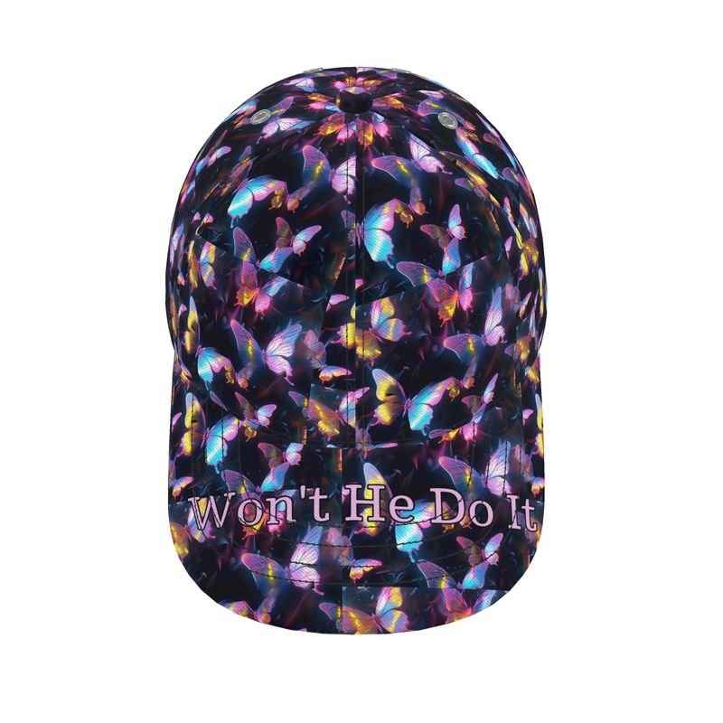 Black baseball cap with purple butterfly design, six-panel curved peak and silk-lined interior