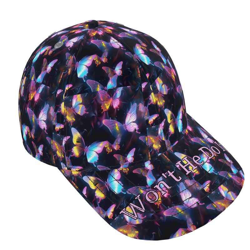 Black baseball cap with purple butterfly design, six-panel curved peak and silk-lined interior — additional view 8