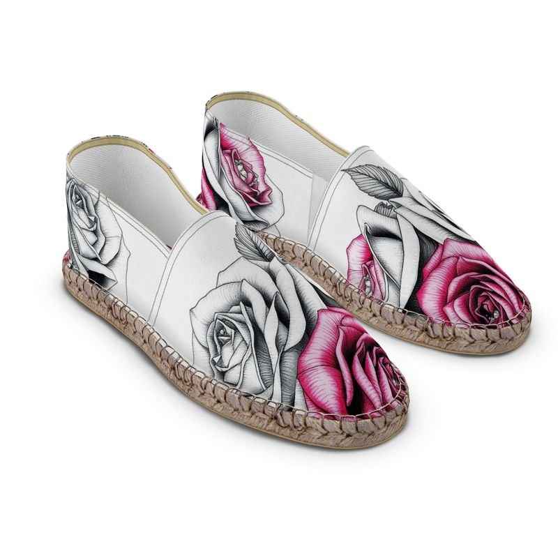 Pink floral print espadrilles with jute insole and non-slip rubber sole — rear view