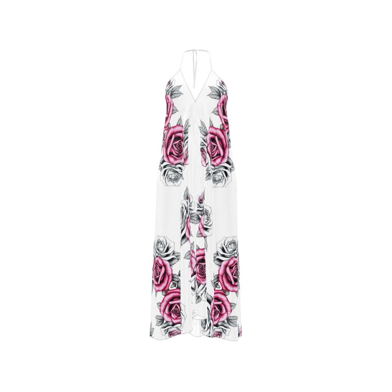 R&RH Pink Roses Halter Dress made of silk satin with backless halterneck design featuring vibrant pink rose print