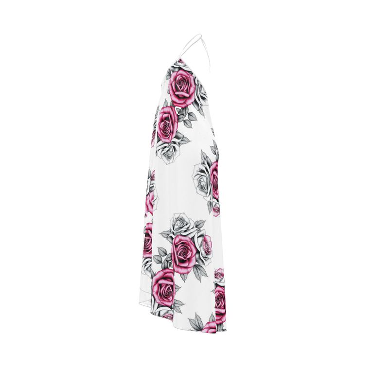 R&RH Pink Roses Halter Dress made of silk satin with backless halterneck design featuring vibrant pink rose print