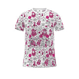 White unisex t-shirt with all-over pink musical instruments print and crew neckline