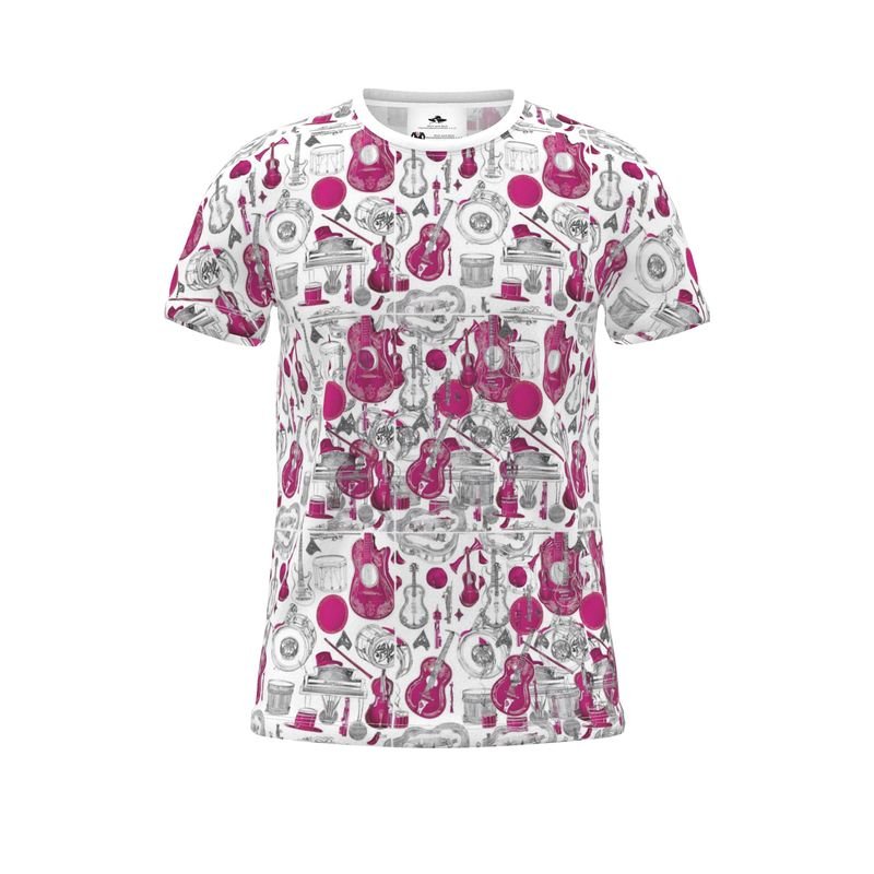 White unisex t-shirt with all-over pink musical instruments print and crew neckline