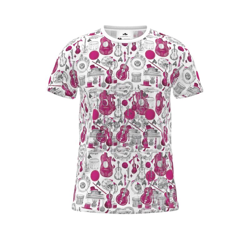 R&RH Unisex Pink Instruments T-Shirt with vibrant all-over musical instrument print