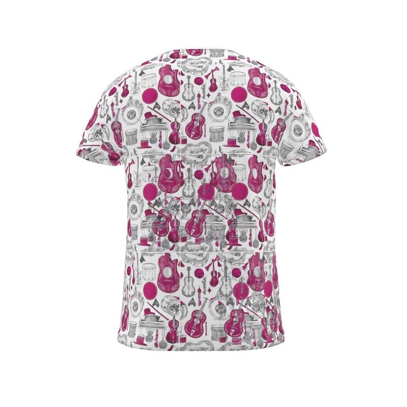 White unisex t-shirt with all-over pink musical instruments print and crew neckline — alternate view