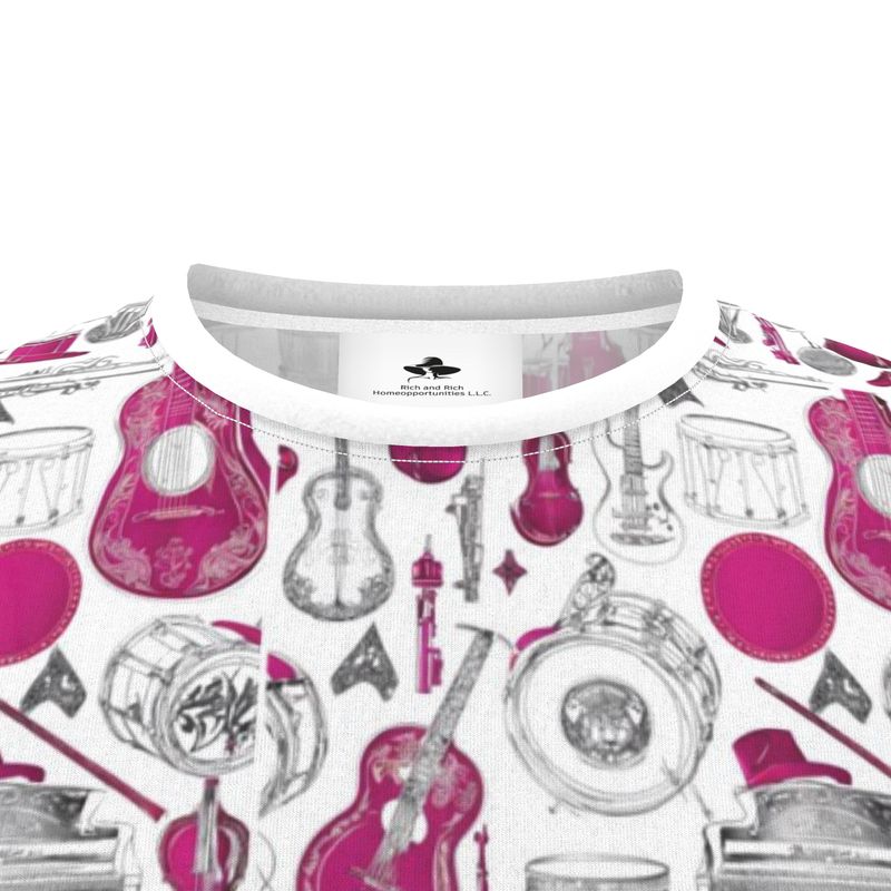White unisex t-shirt with all-over pink musical instruments print and crew neckline — product detail