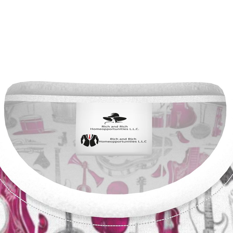 White unisex t-shirt with all-over pink musical instruments print and crew neckline — side view