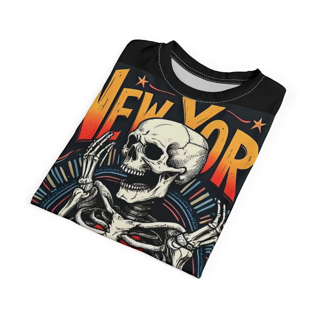 Unisex Gothic New York Skeleton T-Shirt with bold skull graphic on black background