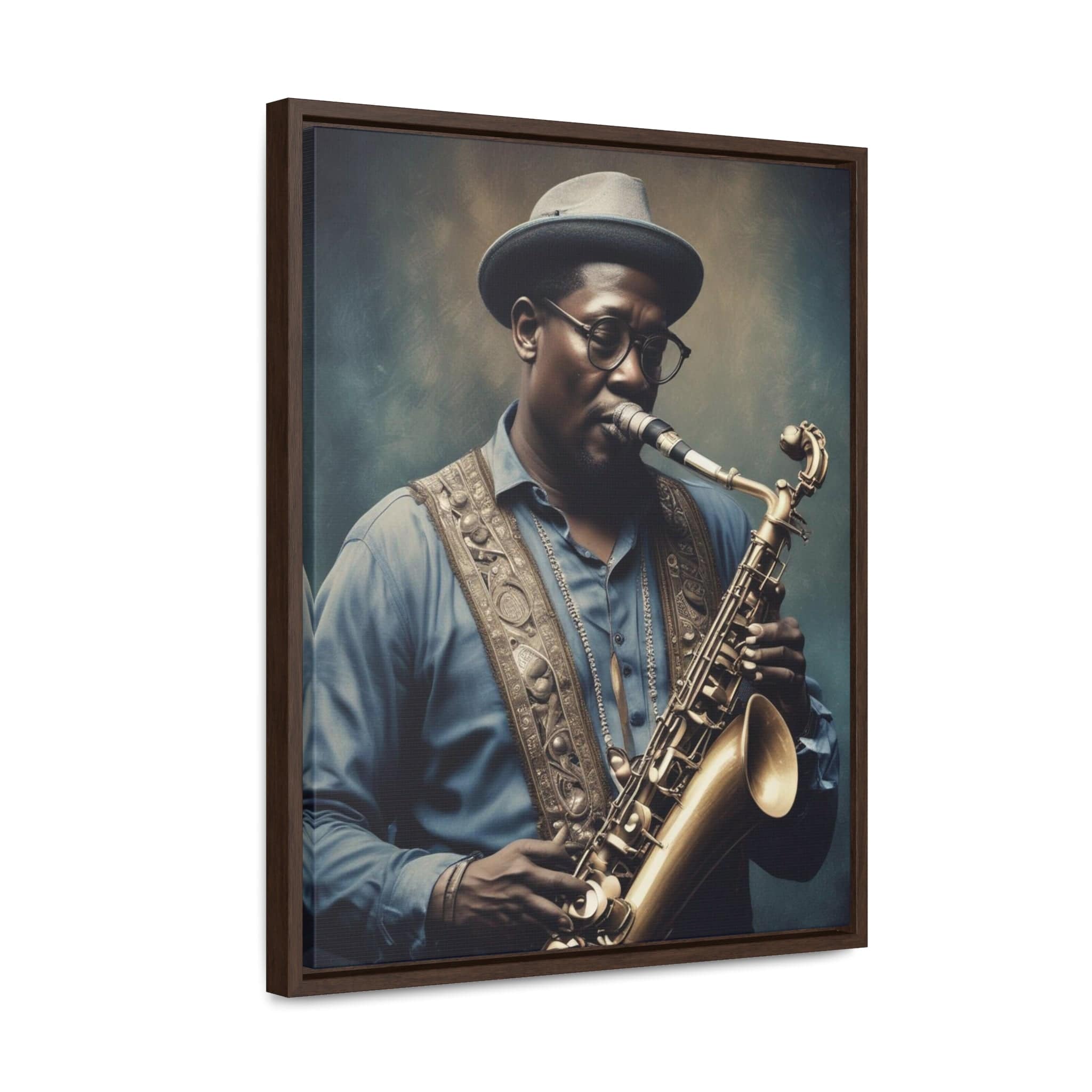Canvas wall art depicting a saxophone player on cotton canvas stretched over a poplar wood frame — additional view 6