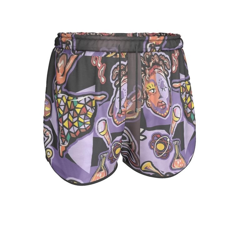 Purple abstract women's athletic shorts with elastic waistband and satin-lined side pockets