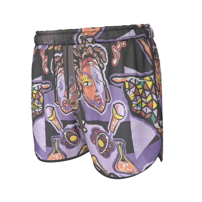 Purple abstract women's athletic shorts with elastic waistband and satin-lined side pockets — alternate view