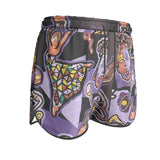 Purple abstract women's athletic shorts with elastic waistband and satin-lined side pockets — product detail