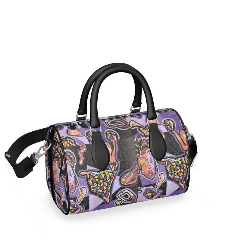 Small purple abstract duffle bag with black leather handles, faux suede lining and double zipper