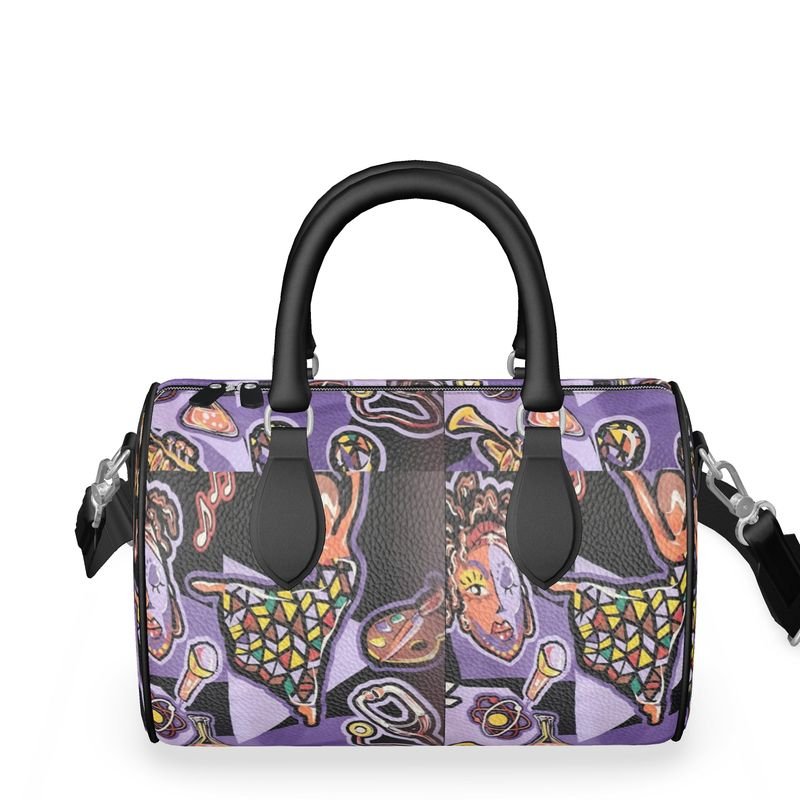 Small purple abstract duffle bag with black leather handles, faux suede lining and double zipper — alternate view