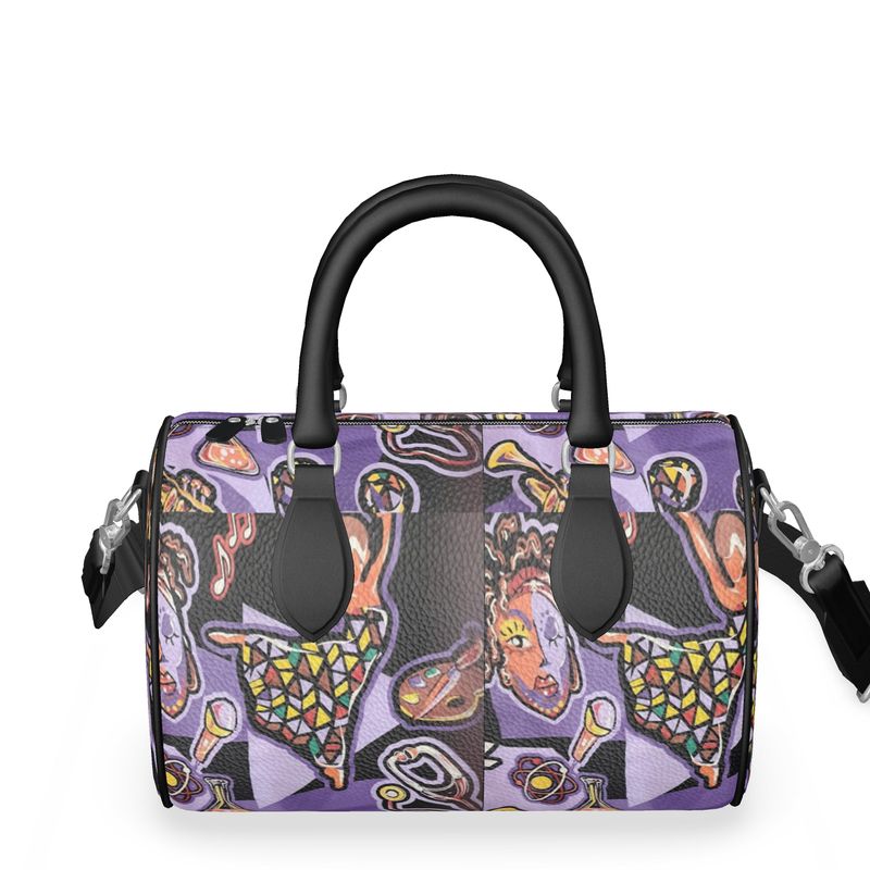 R&RH Purple Love Abstract Artwork Women's Mini Denbigh Duffle Bag with black leather handles