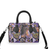 Small purple abstract duffle bag with black leather handles, faux suede lining and double zipper — product detail