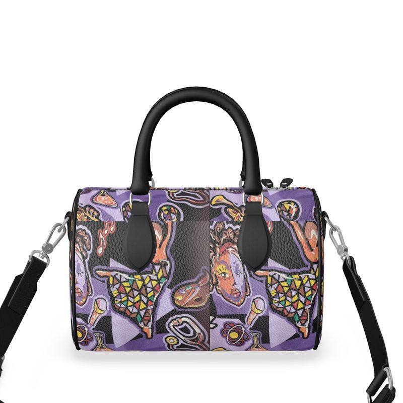 R&RH Purple Love Abstract Artwork Women's Mini Denbigh Duffle Bag with black leather handles