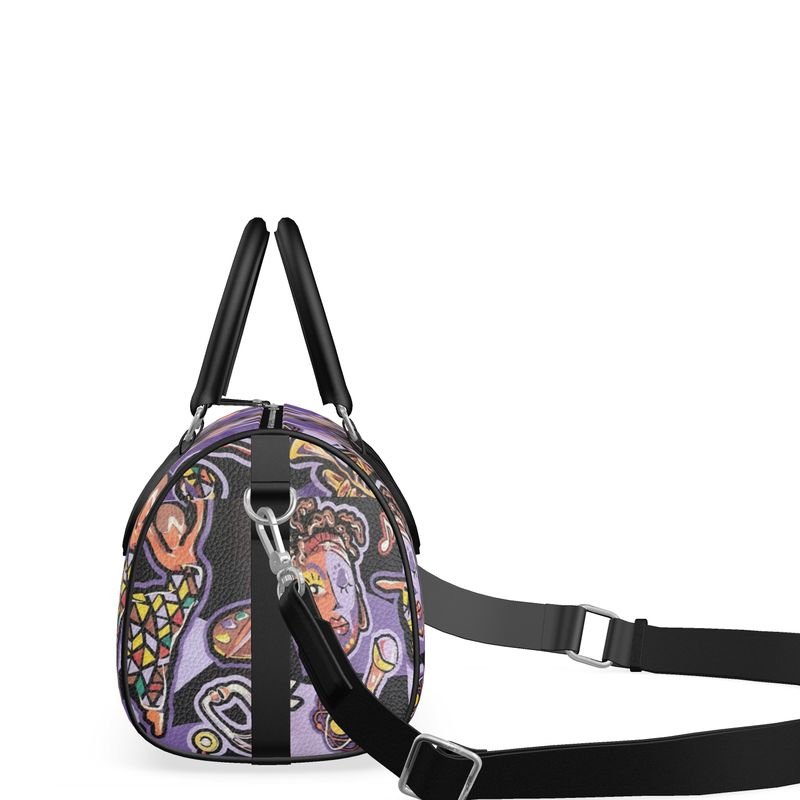Small purple abstract duffle bag with black leather handles, faux suede lining and double zipper — side view