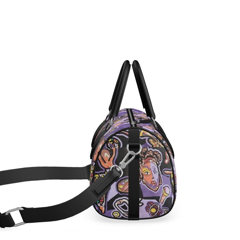 Small purple abstract duffle bag with black leather handles, faux suede lining and double zipper — rear view