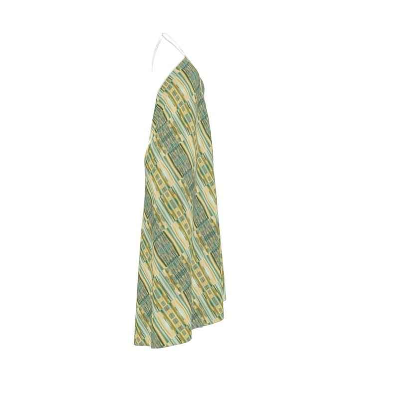 Lime yellow halterneck backless dress with flowing skirt and silky fabric — additional view 7
