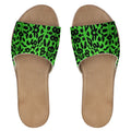 Green Leopard Pattern Womens Leather Sliders with nappa leather strap and cork footbed