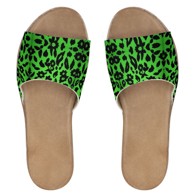 Green Leopard Pattern Womens Leather Sliders