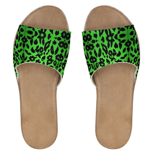 Green Leopard Pattern Womens Leather Sliders with nappa leather strap and cork footbed