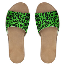 Load image into Gallery viewer, Green Leopard Pattern Womens Leather Sliders
