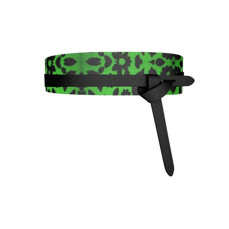 Green abstract patterned Nappa leather wrap belt with elastic segments and tie closure