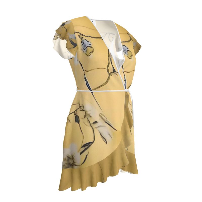 Sleeveless pale yellow wrap mini tea dress with flounce hem and waist tie — alternate view
