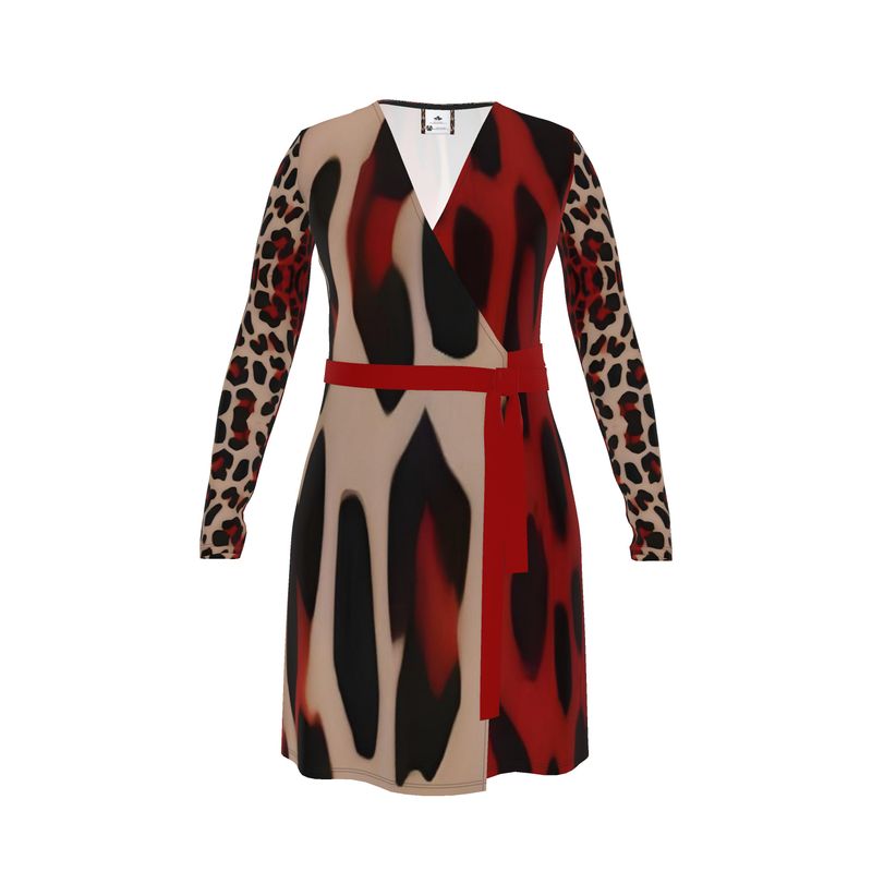 Beige and red animal print wrap dress with V-neck and waist tie — additional view 6