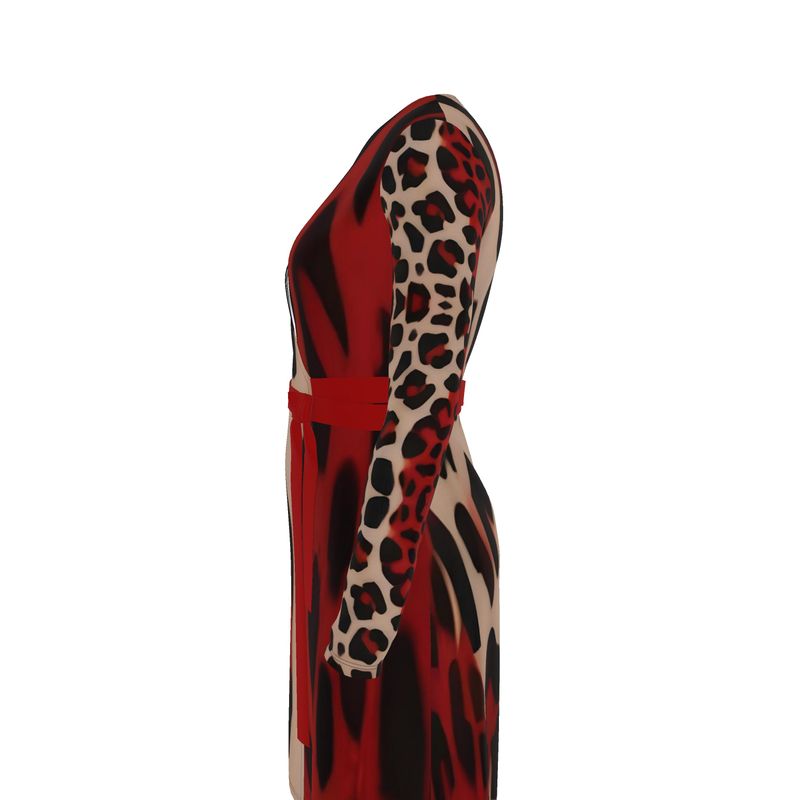 Beige and red animal print wrap dress with V-neck and waist tie — additional view 7