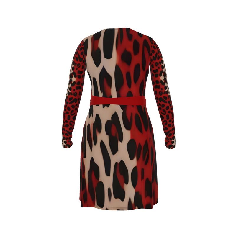 Beige and red animal print wrap dress with V-neck and waist tie — additional view 9