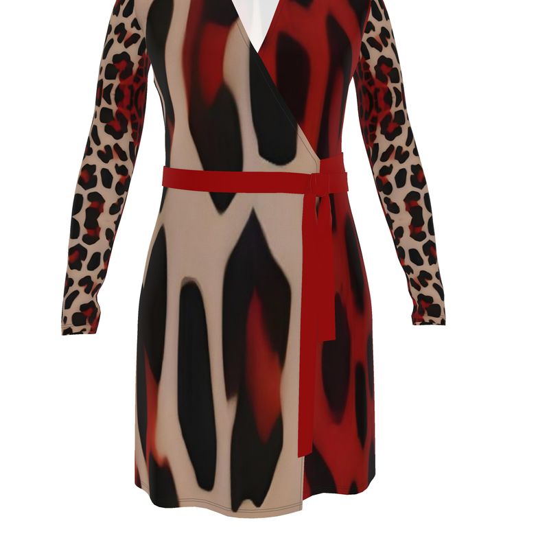 Beige and red animal print wrap dress with V-neck and waist tie — additional view 10