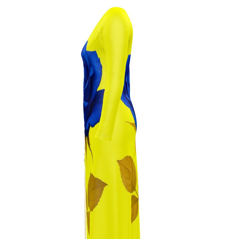 Long yellow cardigan with blue rose print, V-neck and full-length button-through silhouette — rear view
