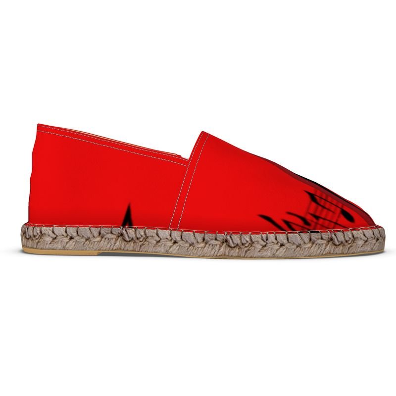 Red unisex espadrilles with musical notes print, jute insole and non-slip rubber sole — side view