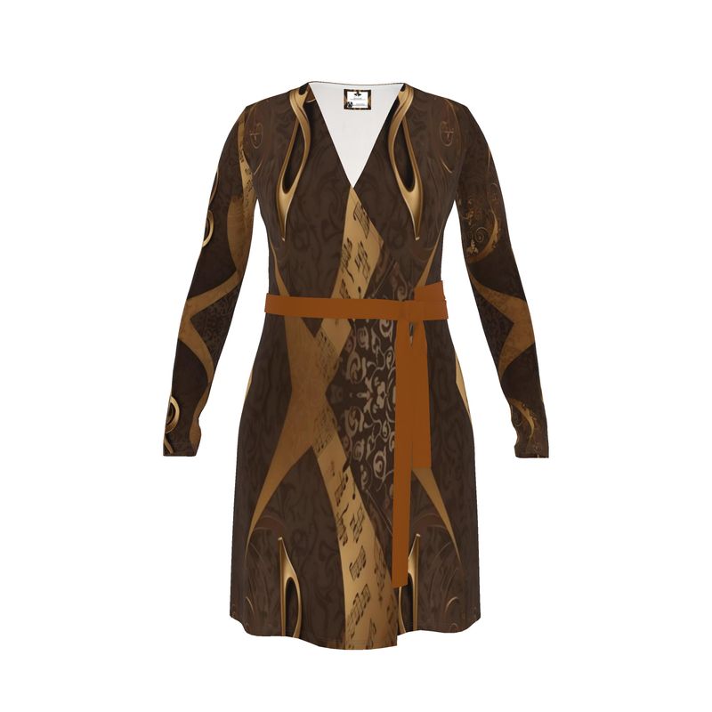 Brown and gold abstract print long-sleeve wrap dress with belt tie — product detail