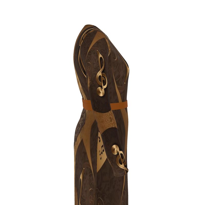 Brown and gold abstract print long-sleeve wrap dress with belt tie — rear view
