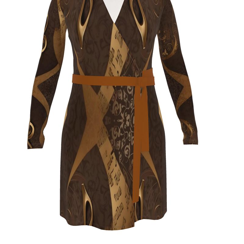 Rich and Rich Brown and Gold Abstract Women's Wrap Dress
