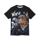 'Where My Dogs' unisex T-shirt with all-over dog portrait print in colorful design — additional view 6