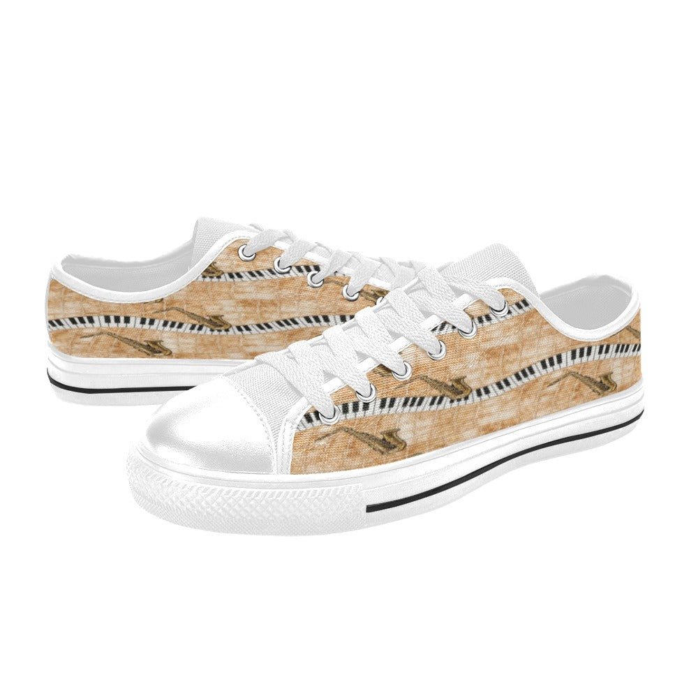 Men’s beige low-top sneakers with piano and saxophone artwork and navy-black accents — additional view 7