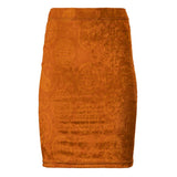 High-waisted orange pencil skirt with center back seam and rear slit — product detail