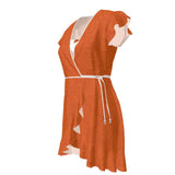 Orange tea dress with flounce hem and waist tie in satin-blend fabric — side view