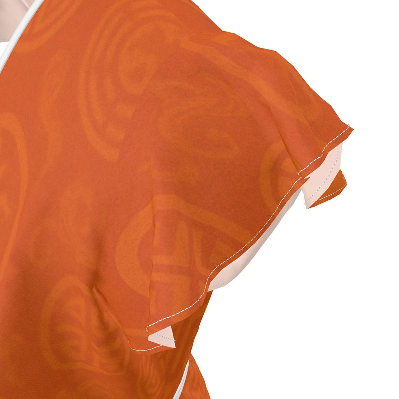 Orange tea dress with flounce hem and waist tie in satin-blend fabric — rear view