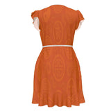 Orange tea dress with flounce hem and waist tie in satin-blend fabric — additional view 7